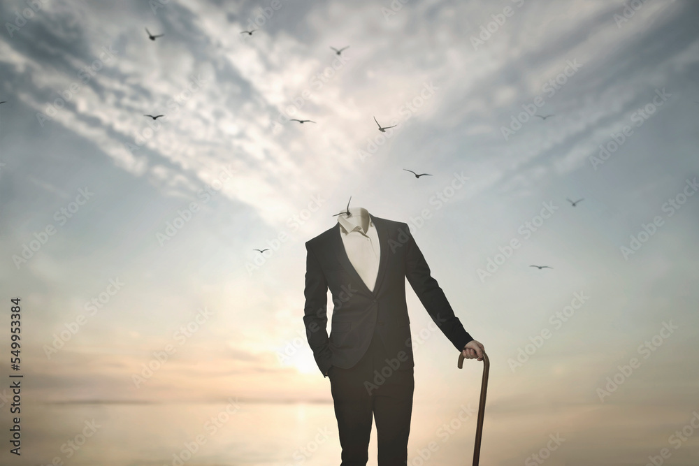 free birds come out flying from the collar of a surreal headless man free birds come out flying from the collar of a surreal headless man