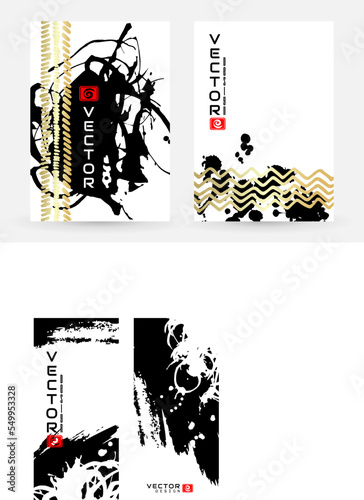 Modern posters with ink abstract elements. Vector hand painted backgrounds in japan or china style.