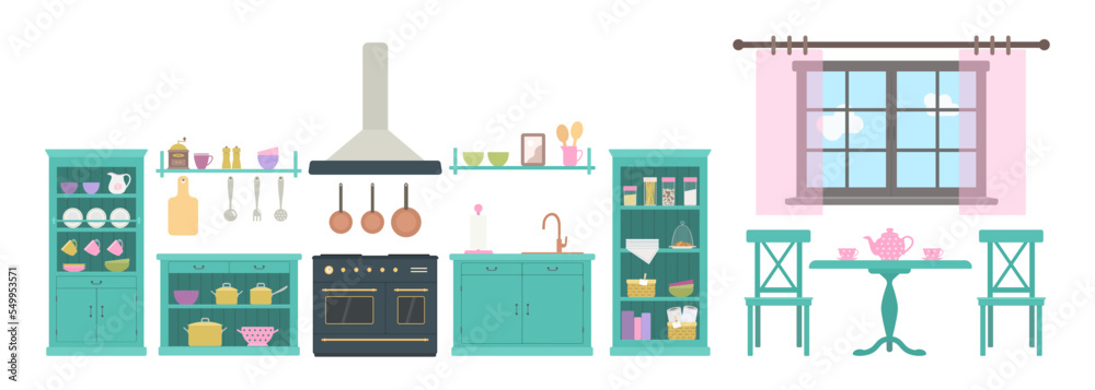 Provence style kitchen with kithenwear. Wooden furniture. Rustic interior concept. Cartoon flat style. Vector illustration