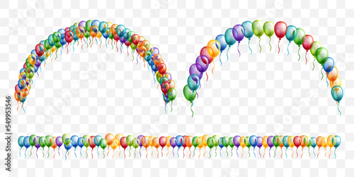 Rainbow balloons decoration elements collection. Horizontal arch frame and dividing border.