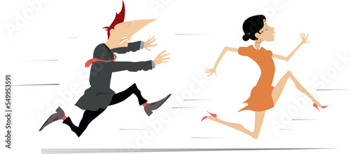 Running couple. Young woman runs away from the angry man. 
Upset man trying to catch up a runaway woman.  Isolated on white
