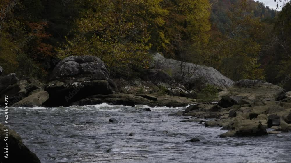 Static shot of a fast-flowing section of the river Gorge with autumnal trees behind Static shot of a fast-flowing section of the river Gorge with autumnal trees behind