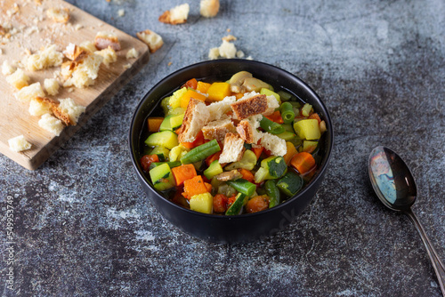 Minestrone with mixed vegetables with croutons. Healthy and nutritious dish, ideal for lunch or dinner and completely plant based. Vegetables soup.