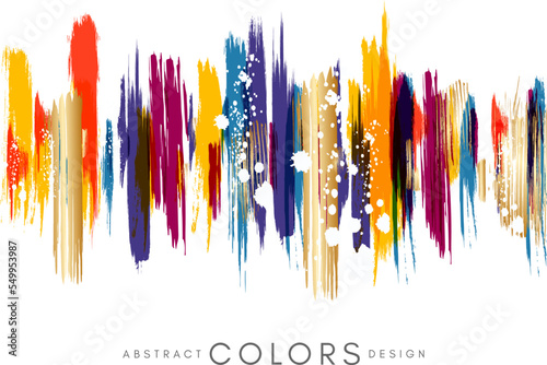 Colorful hand drawn decoration element from brush strocks. Abstract creative design from orange, yellow, blue, violet, purple paint lines.