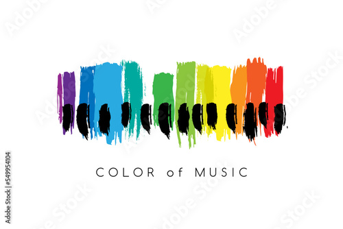 Rainbow piano keys. Colorful music conceptual vector composition with splash paint elements. Design element for concert, holiday or festival.