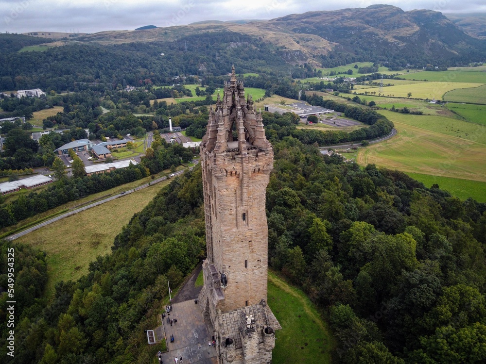 Aerial view of National Wallace Monument in Stirling, Scotland