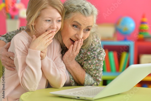 portrait of happy grandmother and daughter using laptop