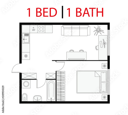 Plan floor apartment. Studio, condominium. One bedroom layout floor plan. Interior design elements kitchen, bedroom, bathroom with furniture symbol. Vector floorplan. Architectural plan.