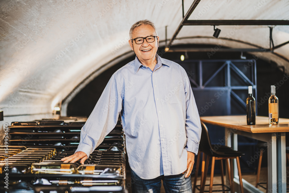 Portrait of senior man who owns winery. He is examining quality in his wine cellar. Industry wine making concept. Portrait of senior man who owns winery. He is examining quality in his wine cellar. Industry wine making concept.