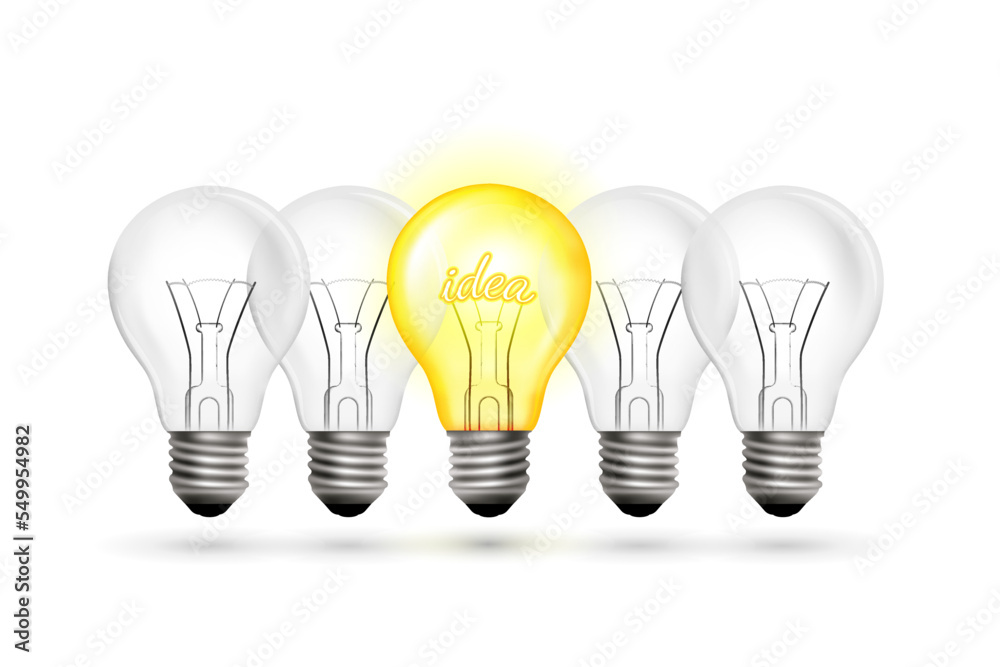 Light bulbs group and one yellow glow lamp. Idea concept vector Light bulbs group and one yellow glow lamp. Idea concept vector