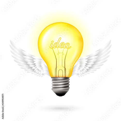 Light bulb  with idea text and white wings. Inspiration conceptu photo