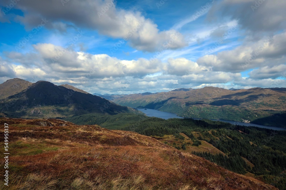 View of Loch Lomond lake and surrounding mountains, Scotland