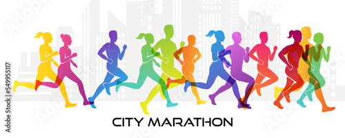 Colorful silhouettes of running people. Conceptual vector illustration of marathon. Sport background with mans and womans in active lifestyle.