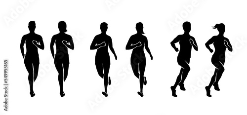 Silhouettes of running people. Conceptual vector illustration of marathon. Sport background with mans and womans in active lifestyle.