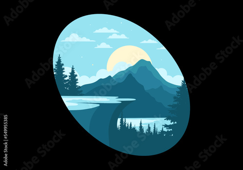 Landscape illustration of a rock cliff above a pine forest with mountain and lake views