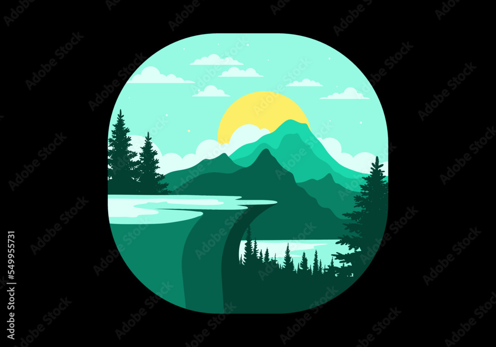 Landscape illustration of a rock cliff above a pine forest with mountain and lake views