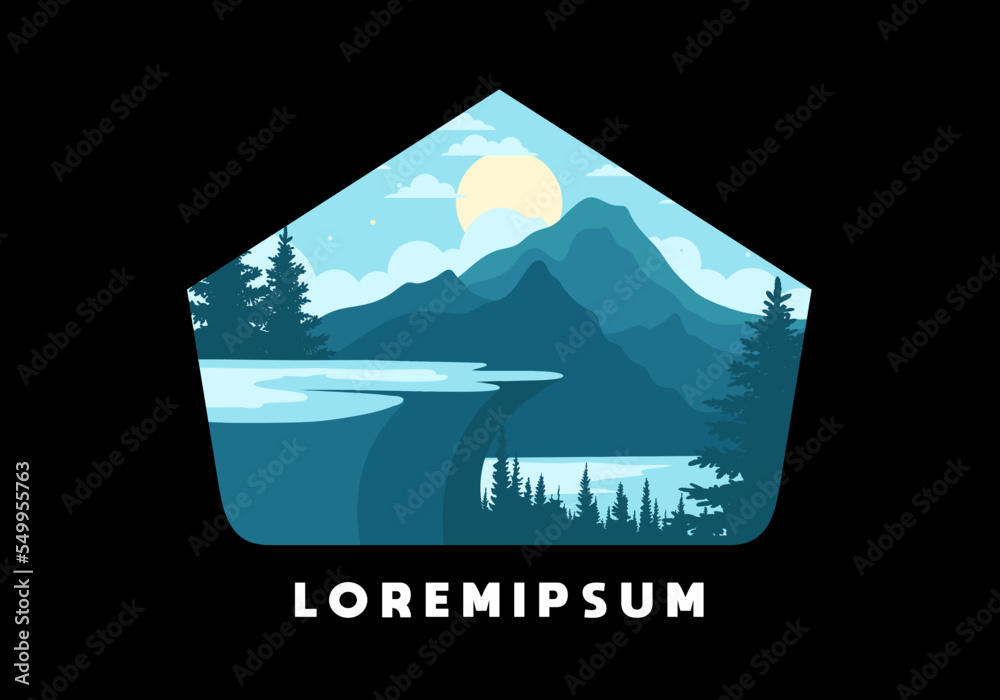 Landscape illustration of a rock cliff above a pine forest with mountain and lake views Landscape illustration of a rock cliff above a pine forest with mountain and lake views