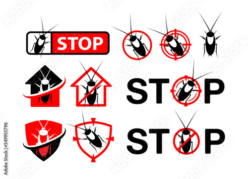 Cockroach emblems. Pest control badges set. Design elements, labels and stickers, danger and stop signs with cockroach silhouette