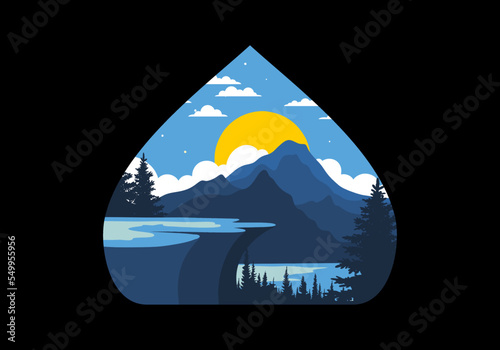 Landscape illustration of a rock cliff above a pine forest with mountain and lake views