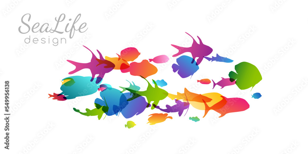 Colony of swiming sea or aquarium colorful fishes. Group of color silhouettes . Collection of isolated vector decoration.