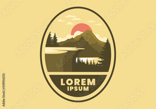 Landscape illustration of a rock cliff above a pine forest with mountain and lake views