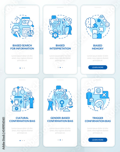 Cognitive bias in psychology blue onboarding mobile app screen set. Walkthrough 3 steps editable graphic instructions with linear concepts. UI, UX, GUI template. Myriad Pro-Bold, Regular fonts used