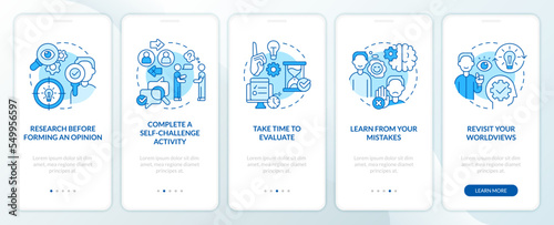 Avoiding confirmation bias tips blue onboarding mobile app screen. Walkthrough 5 steps editable graphic instructions with linear concepts. UI, UX, GUI template. Myriad Pro-Bold, Regular fonts used