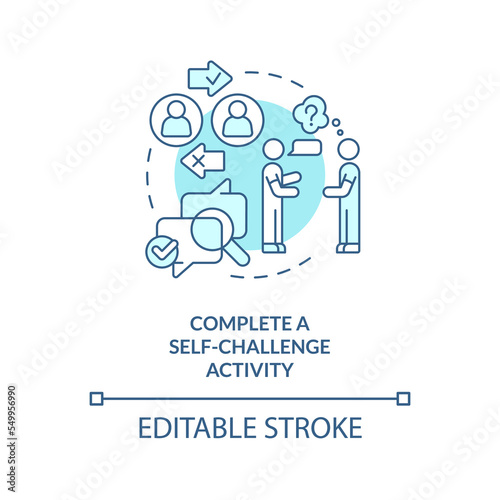 Complete self challenge activity turquoise concept icon. Avoiding cognitive bias tip abstract idea thin line illustration. Isolated outline drawing. Editable stroke. Arial, Myriad Pro-Bold fonts used