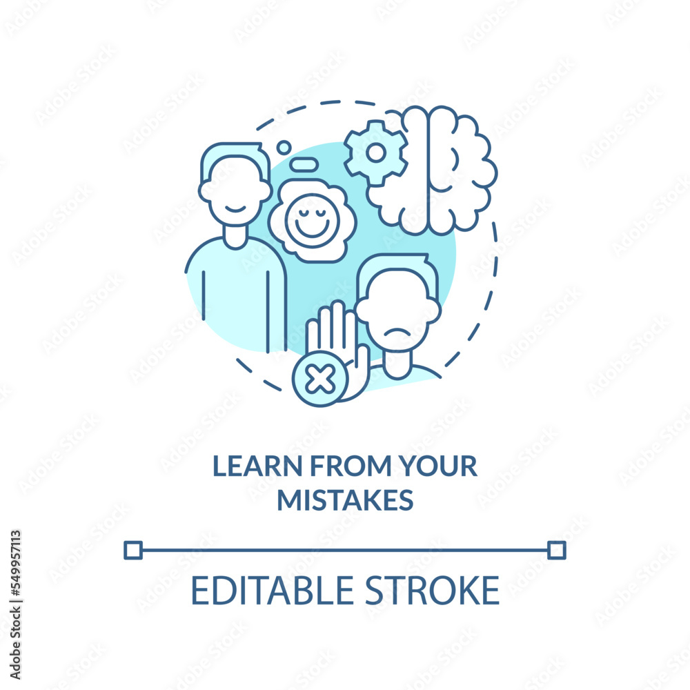 Learn from mistakes turquoise concept icon. Minimizing confirmation bias tip abstract idea thin line illustration. Isolated outline drawing. Editable stroke. Arial, Myriad Pro-Bold fonts used Learn from mistakes turquoise concept icon. Minimizing confirmation bias tip abstract idea thin line illustration. Isolated outline drawing. Editable stroke. Arial, Myriad Pro-Bold fonts used