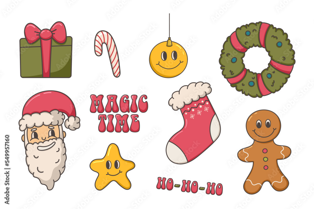 Naklejka premium Christmas groovy set of elements, trendy 70s 80s style, cartoon style, santa, gingerbread cookie, gift, star, sock, christmas wreath, candy, vector illustration
