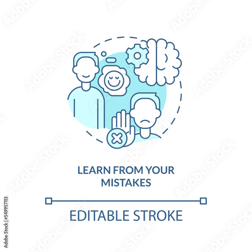 Learn from mistakes turquoise concept icon. Minimizing confirmation bias tip abstract idea thin line illustration. Isolated outline drawing. Editable stroke. Arial, Myriad Pro-Bold fonts used