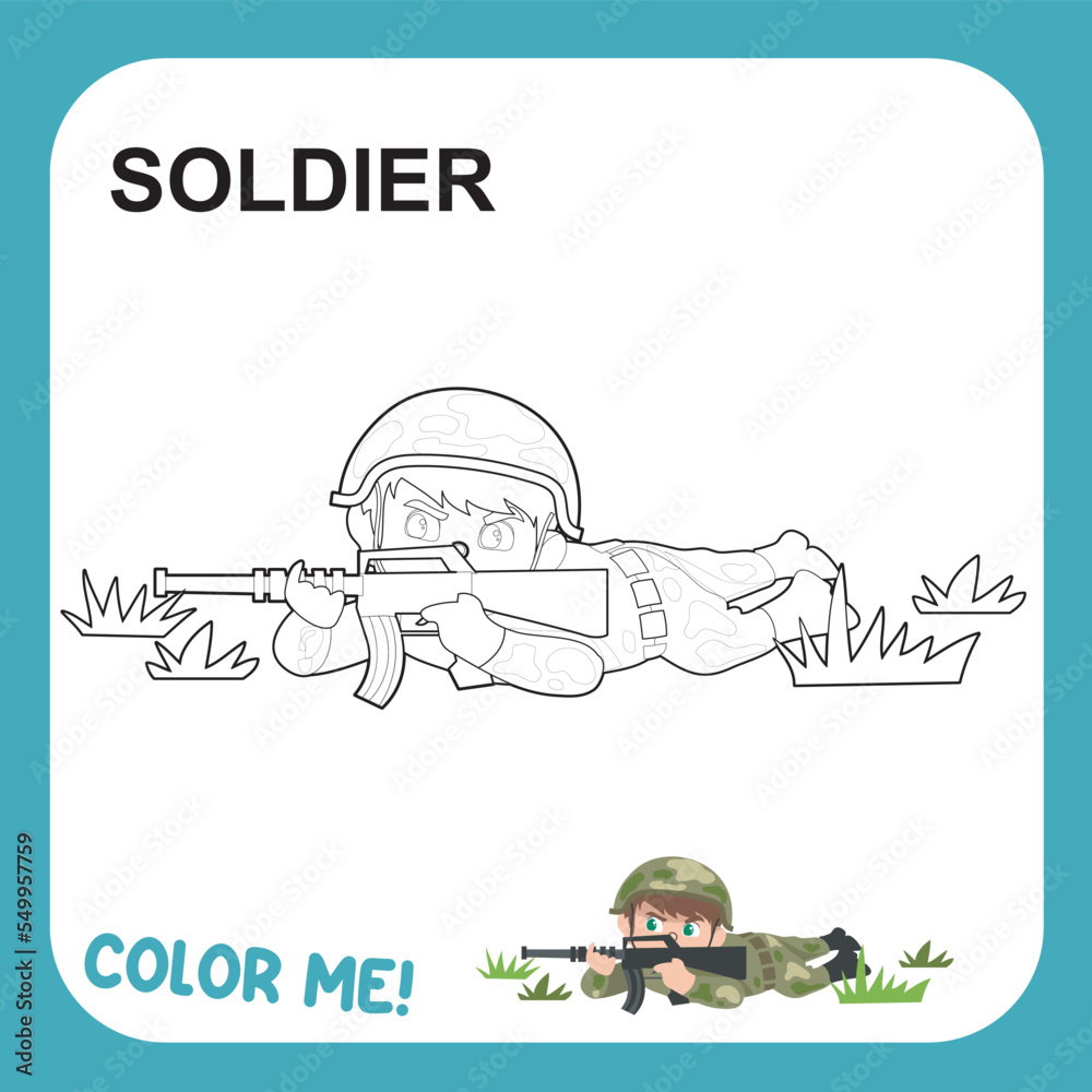 Kids’ dream job theme coloring page for kids. A cute soldier boy ...