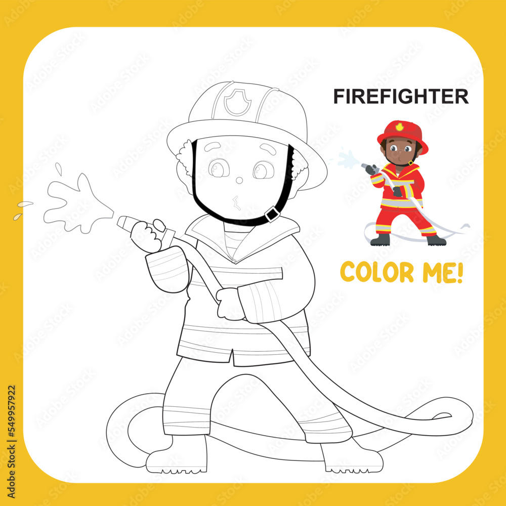Kids’ dream job theme coloring page for kids. A cute firefighter boy. Educational printable coloring worksheet. Kawaii cartoon vector illustration file