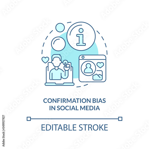 Confirmation bias in social media turquoise concept icon. Cognitive prejudice example abstract idea thin line illustration. Isolated outline drawing. Editable stroke. Arial, Myriad Pro-Bold fonts used