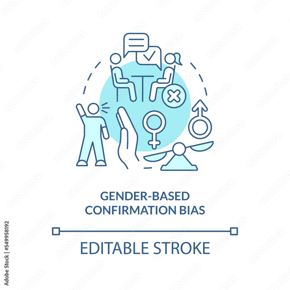 Gender-based confirmation bias turquoise concept icon. Unconscious prejudice at work abstract idea thin line illustration. Isolated outline drawing. Editable stroke. Arial, Myriad Pro-Bold fonts used Gender-based confirmation bias turquoise concept icon. Unconscious prejudice at work abstract idea thin line illustration. Isolated outline drawing. Editable stroke. Arial, Myriad Pro-Bold fonts used