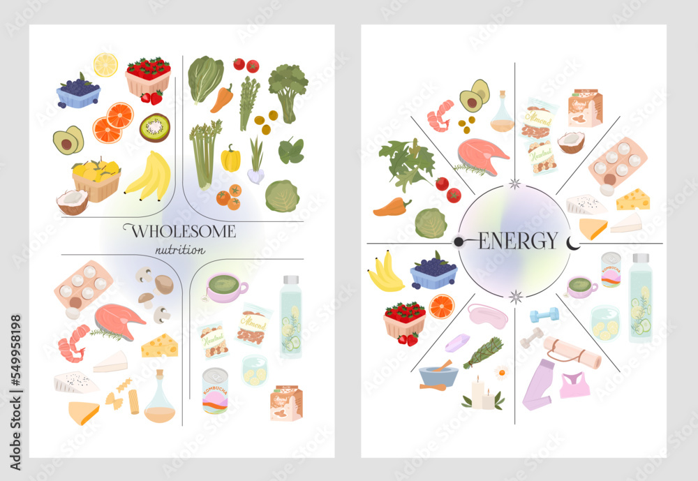Collection of inspiration poster for healthy food, wholesome nutrition, energy balance. Editable vector illustration.