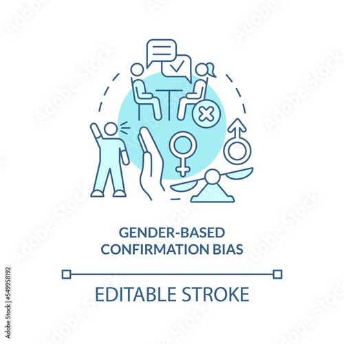 Gender-based confirmation bias turquoise concept icon. Unconscious prejudice at work abstract idea thin line illustration. Isolated outline drawing. Editable stroke. Arial, Myriad Pro-Bold fonts used