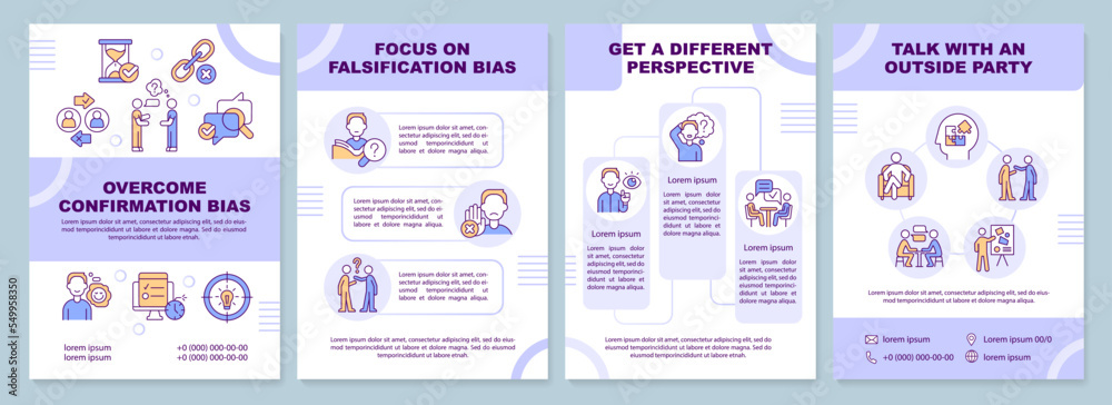 Overcoming confirmation bias tips blue brochure template. Leaflet design with linear icons. Editable 4 vector layouts for presentation, annual reports. Arial-Black, Myriad Pro-Regular fonts used