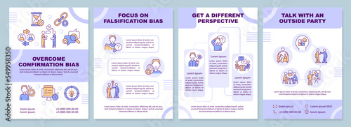 Overcoming confirmation bias tips blue brochure template. Leaflet design with linear icons. Editable 4 vector layouts for presentation, annual reports. Arial-Black, Myriad Pro-Regular fonts used