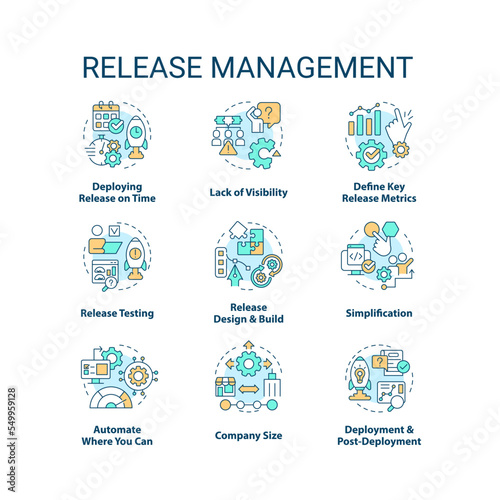 Release management concept icons set. Product development. Software delivery process idea thin line color illustrations. Isolated symbols. Editable stroke. Roboto-Medium, Myriad Pro-Bold fonts used