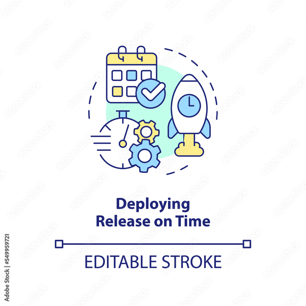 Deploying on time concept icon. Schedule period. Release management success indicator abstract idea thin line illustration. Isolated outline drawing. Editable stroke. Arial, Myriad Pro-Bold fonts used Deploying on time concept icon. Schedule period. Release management success indicator abstract idea thin line illustration. Isolated outline drawing. Editable stroke. Arial, Myriad Pro-Bold fonts used