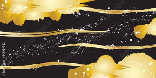 黒背景のシックな絵筆で描いたような和風の金色の雲、波