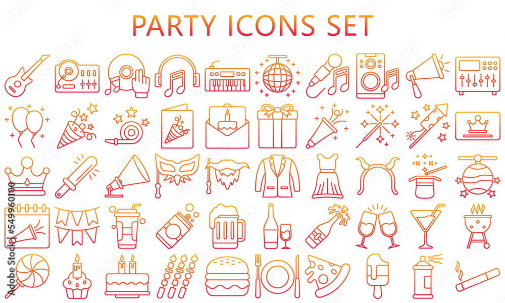 Simple Set of Party Related Vector Line Icons. Contains such Icons as music, food, Dj, Masquerade and more. vector EPS 10 ready convert to SVG. use for modern concept, UI or UX kit, web and app.
