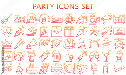 Simple Set of Party Related Vector Line Icons. Contains such Icons as music  food  Dj  Masquerade and more. vector EPS 10 ready convert to SVG. use for modern concept  UI or UX kit  web and app.