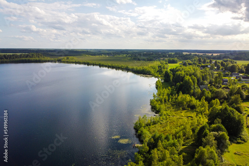 Aerial view of lake and forest. Summer lake, aerial landscape, beautiful nature