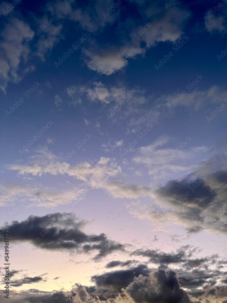 Evening violet sky with clouds, twilights heavens background