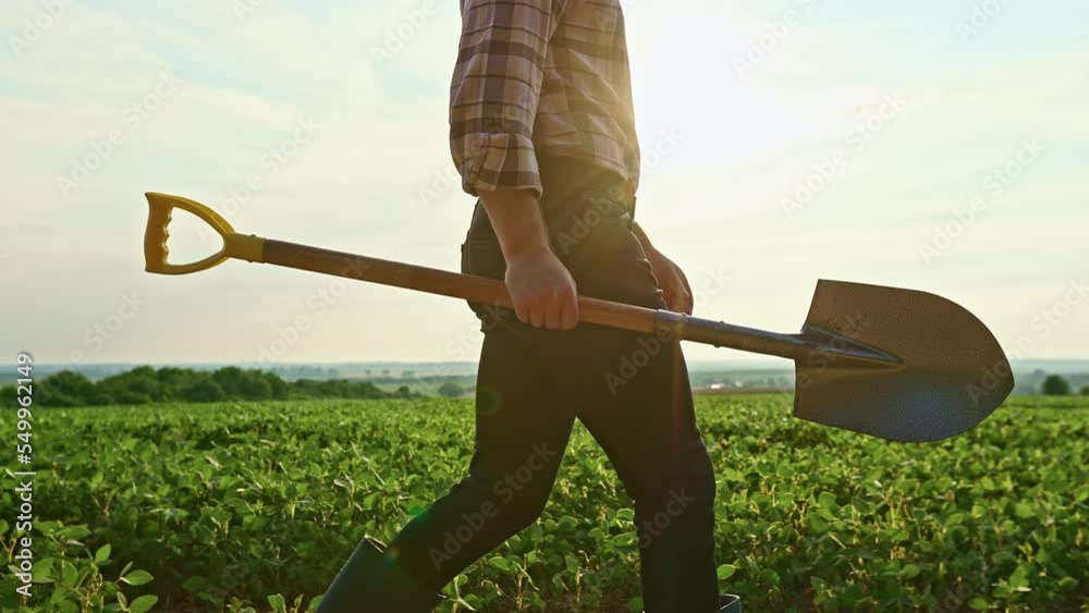 Side view of farmer holding spade, walking, digging in field. Man wearing plaid shirt, growing plants on field, taking care of sprouts. Concept of countryside and agriculture.