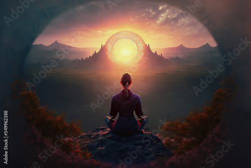 Full small woman body from back in yoga meditation uses aspects of music to improve health and well being. background is landscape at sunset with large negative space generative ai     