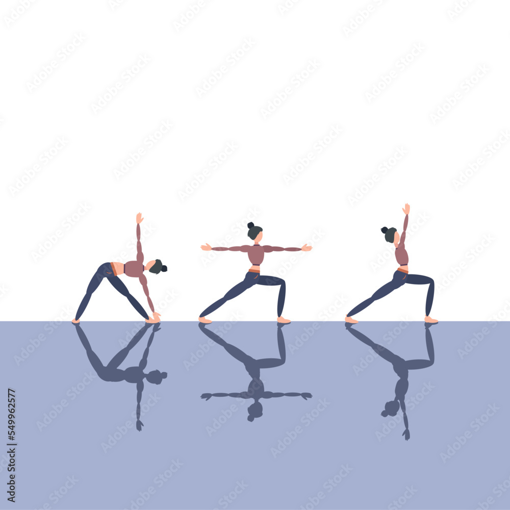 Sports support health and spiritual harmony, yoga three poses on a white and blue background with shadows.