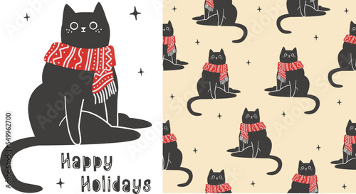 Seamless vector pattern and print for Christmas products. A cute black cat is sitting in a red winter scarf. Happy Holidays Inscription 